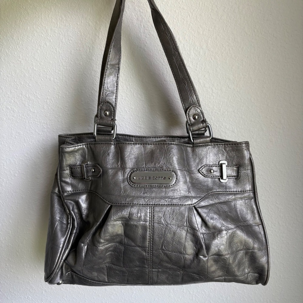 Vintage Y2K Liz Claiborne Pewter Metallic Faux Crocodile Shoulder Bag